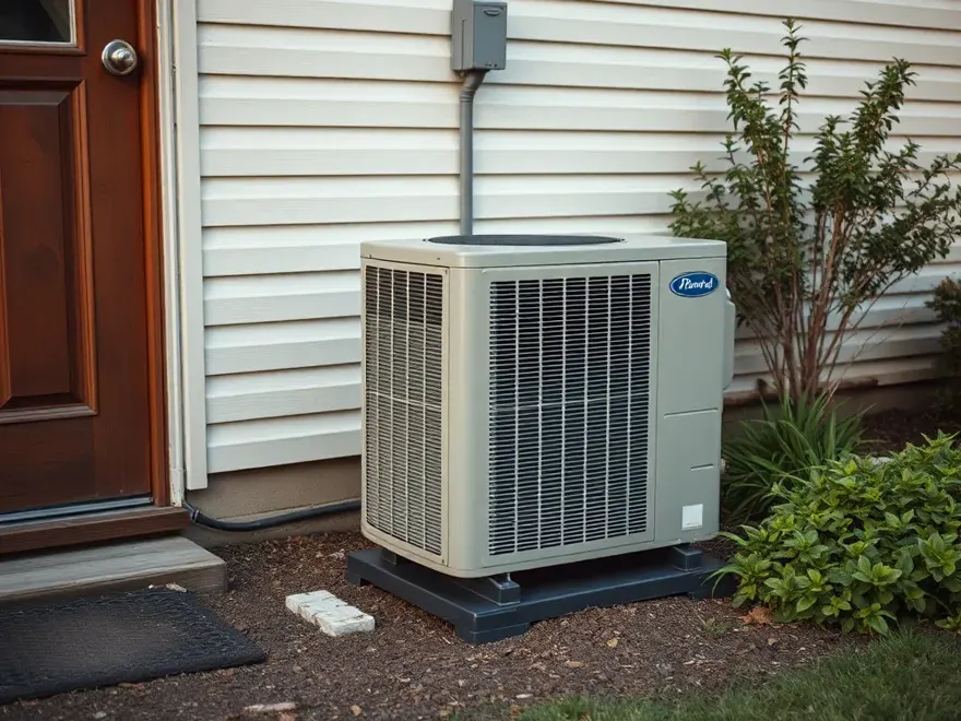 Outdoor air conditioning condenser unit beside a house